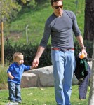 Hayes MacArthur, husband of actress Ali Larter, enjoyed a day at the park with his son Theodore on February 19, 2012.