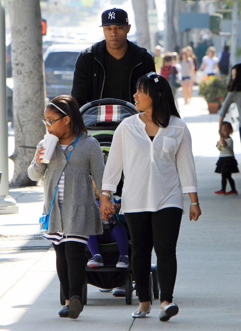 NBA player Caron Butler enjoyed a day out with his family in Beverly Hill, California on February 25, 2012. He took a stroll with his wife Andrean daughters Mia, Camary and son Caron Jr. after lunch at a local Chipotle Mexican Grill.