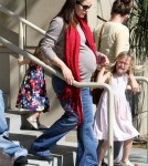 pregnant actress Jennifer Garner takes her daughters Violet and Seraphina on a trip to the public library on February 23, 2012 in Santa Monica, CA.