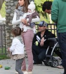 Jessica Alba and her husband Cash Warren play with their kids Honor and Haven at Coldwater Park on February 12, 2012 in Beverly Hills, CA.