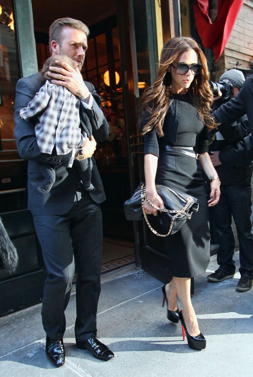 Victoria and David Beckham take their baby Harper to Balthazar restaurant in New York City, NY on February 12, 2012