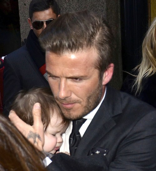 Victoria and David Beckham take their baby Harper to Balthazar restaurant in New York City, NY on February 12, 2012