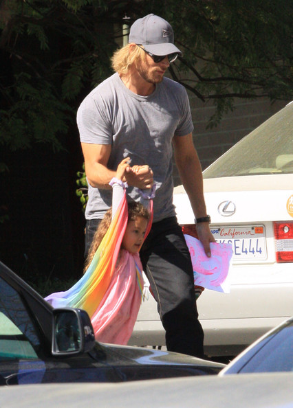 Gabriel Aubry picking up daughter Nahla from school and having some on the way to the car in Los Angeles, CA on March 2, 2012.