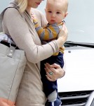 January Jones and her baby son Xander visit a Dr's office in Los Angeles,