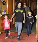Blink 182 drummer Travis Barker takes his children Landon and Alabama to the doctor's office on March 12, 2012 in Beverly Hills, CA. The family all walked out with lollipops after the visit. Landon looks to be a chip off the old block, with his hair dyed bright blue and purple!