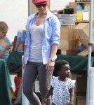Jillian Michaels and Heidi Rhoades took their adopted daughter Lukensia and newborn son Andrew to the Farmer's Market, in Malibu, Ca on May 27, 2012.