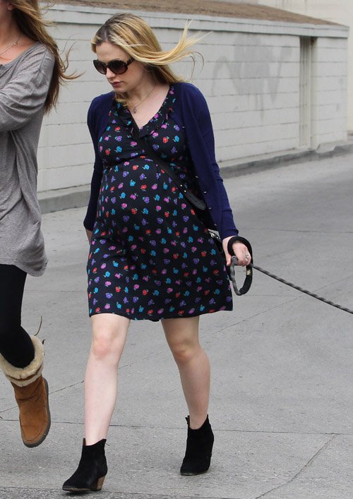 Expecting “True Blood” actress Anna Paquin enjoyed a stroll with her dog and a pal in Venice, California on August 24, 2012. She was wearing a dark blue dress that showed off her growing baby bump.
