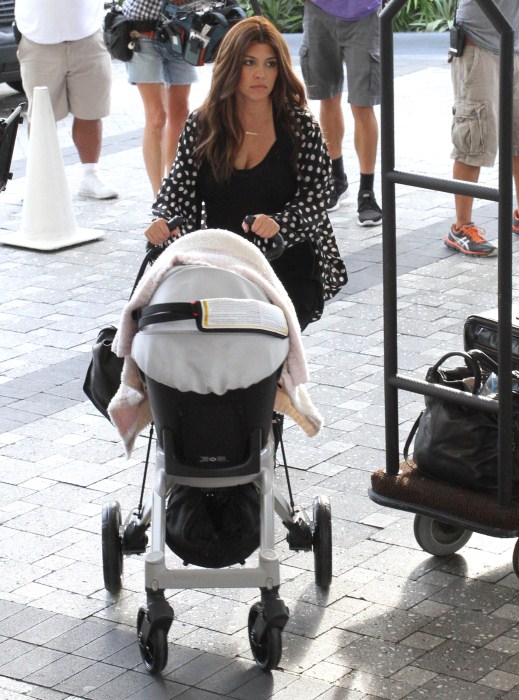 Reality stars Kim, Khloe, Kourtney Karadashian and her kids Mason and Penelope arriving at their hotel in Miami, Florida on September 15, 2012.