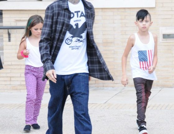 Musician Travis Barker and his kids Alabama and Landon out shopping at Barneys New York in Beverly Hills, California on September 5, 2012.