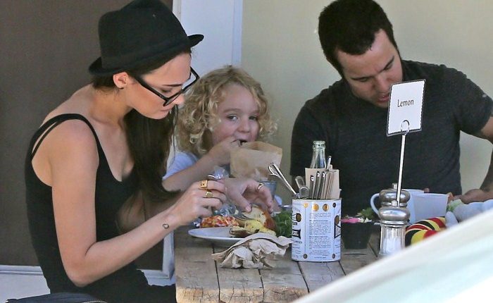 Pete Wentz and his girlfriend Meagan Camper take his son Bronx out for lunch at Sweet Butter in Sherman Oaks, California on October 4, 2012.