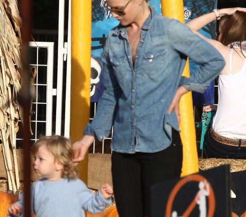 Ali Larter and her husband Hayes Macarthur take their son Theodore to the Mr. Bones pumpkin patch in West Hollywood, CA on October 18, 2012.