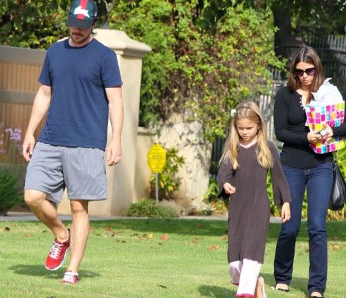 r Christian Bale and his wife Sibi Blazic take their daughter Emmaline to a birthday party in Brentwood, California on October 6, 2012.