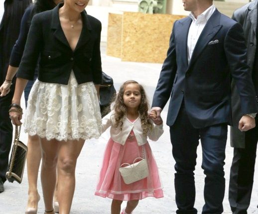 Jennifer Lopez arrives at the Chanel Fashion Show with her daughter Emme and her boyfriend Casper Smart on October 2, 2012 in Paris, France