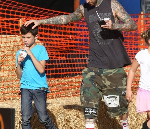 ‘Blink 182’ drummer Travis Barker takes his kids Alabama and Landon to the Mr. Bones pumpkin patch in West Hollywood, CA on October 18, 2012.