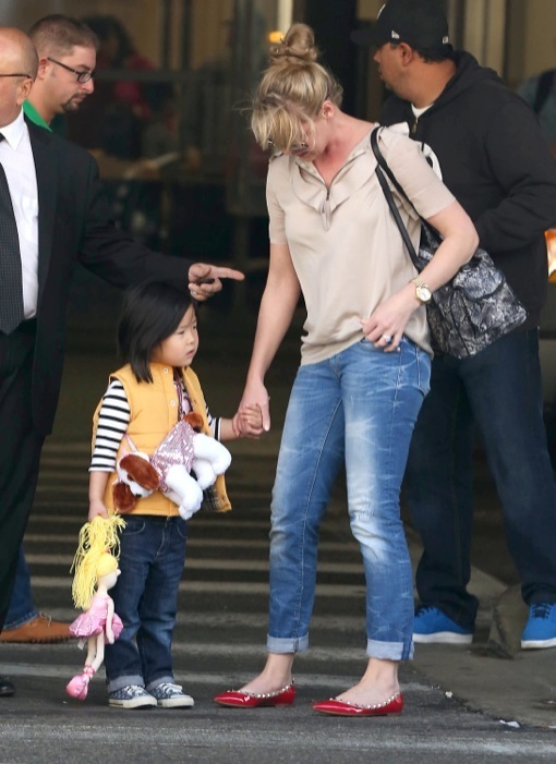 Katherine Heigl & Daughter Nancy Arriving On A Flight At LAX