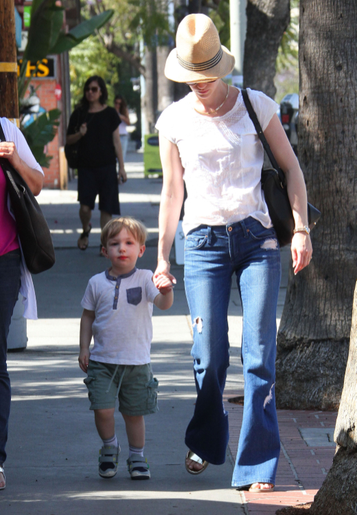 January Jones and her son Xander wear matching colored tops for their day  out in LA