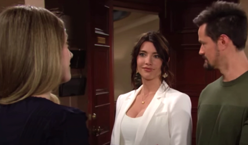 The Bold And The Beautiful: Steffy Forrester (Jacqueline MacInnes Wood), Hope Logan (Annika Noelle) and Thomas Forrester (Matthew Atkinson)
