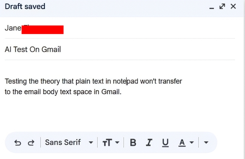 The clean paste from notepad into Gmail -Screenshot